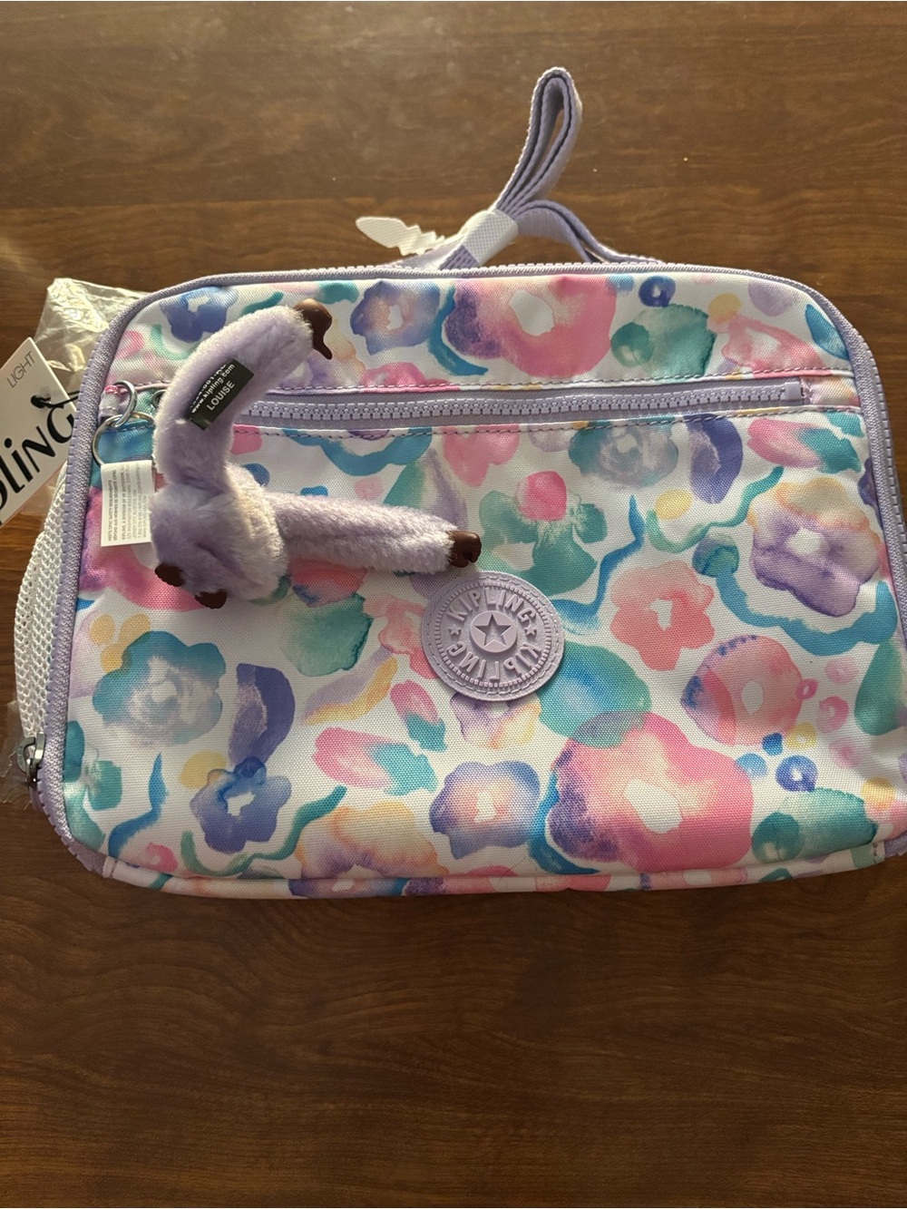 Kipling Kids Pastel Watercolor Floral Lunch Bag with Plush Monkey NWT